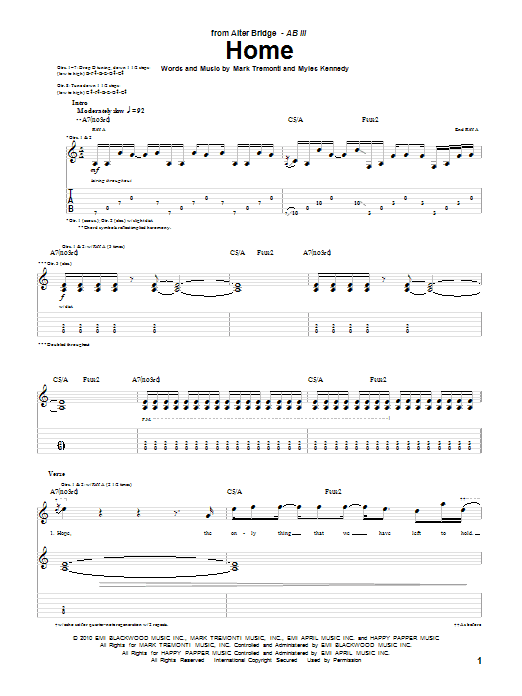 Alter Bridge Home Sheet Music Notes & Chords for Guitar Tab - Download or Print PDF