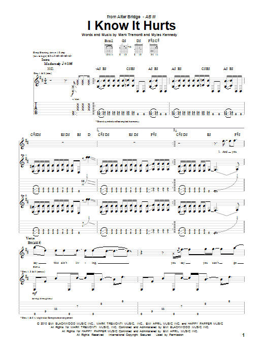 Alter Bridge I Know It Hurts Sheet Music Notes & Chords for Guitar Tab - Download or Print PDF