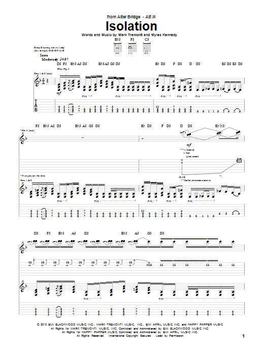 Alter Bridge Isolation Sheet Music Notes & Chords for Guitar Tab - Download or Print PDF