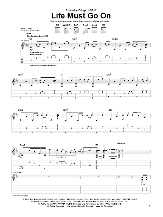 Alter Bridge Life Must Go On Sheet Music Notes & Chords for Guitar Tab - Download or Print PDF