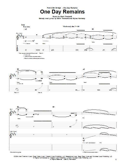 Alter Bridge One Day Remains Sheet Music Notes & Chords for Guitar Tab - Download or Print PDF