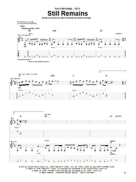 Alter Bridge Still Remains Sheet Music Notes & Chords for Guitar Tab - Download or Print PDF