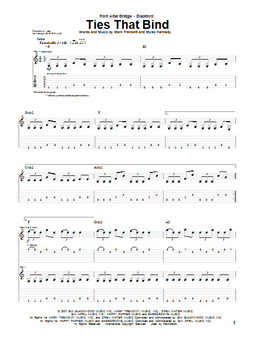 Alter Bridge Ties That Bind Sheet Music Notes & Chords for Guitar Tab - Download or Print PDF