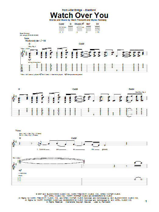 Alter Bridge Watch Over You Sheet Music Notes & Chords for Guitar Tab - Download or Print PDF