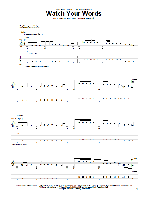 Alter Bridge Watch Your Words Sheet Music Notes & Chords for Guitar Tab - Download or Print PDF