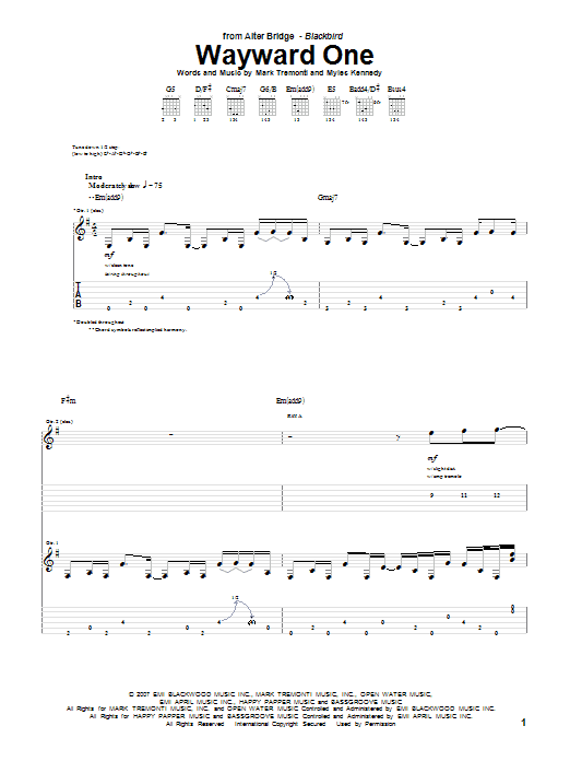 Alter Bridge Wayward One Sheet Music Notes & Chords for Guitar Tab - Download or Print PDF