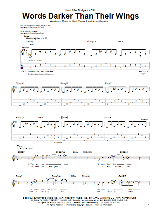 Alter Bridge Words Darker Than Their Wings Sheet Music Notes & Chords for Guitar Tab - Download or Print PDF
