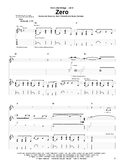 Alter Bridge Zero Sheet Music Notes & Chords for Guitar Tab - Download or Print PDF
