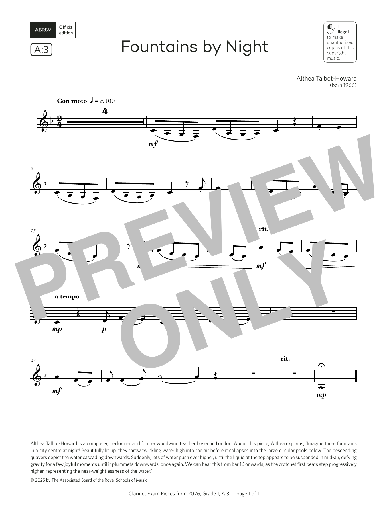 Althea Talbot-Howard Fountains by Night (Grade 1, list A3, from the ABRSM Clarinet Syllabus from 2026) Sheet Music Notes & Chords for Clarinet Solo - Download or Print PDF Althea Talbot-Howard Fountains by Night (Grade 1, list A3, from the ABRSM Clarinet Syllabus from 2026) Sheet Music Notes & Chords for Clarinet Solo - Download or Print PDF