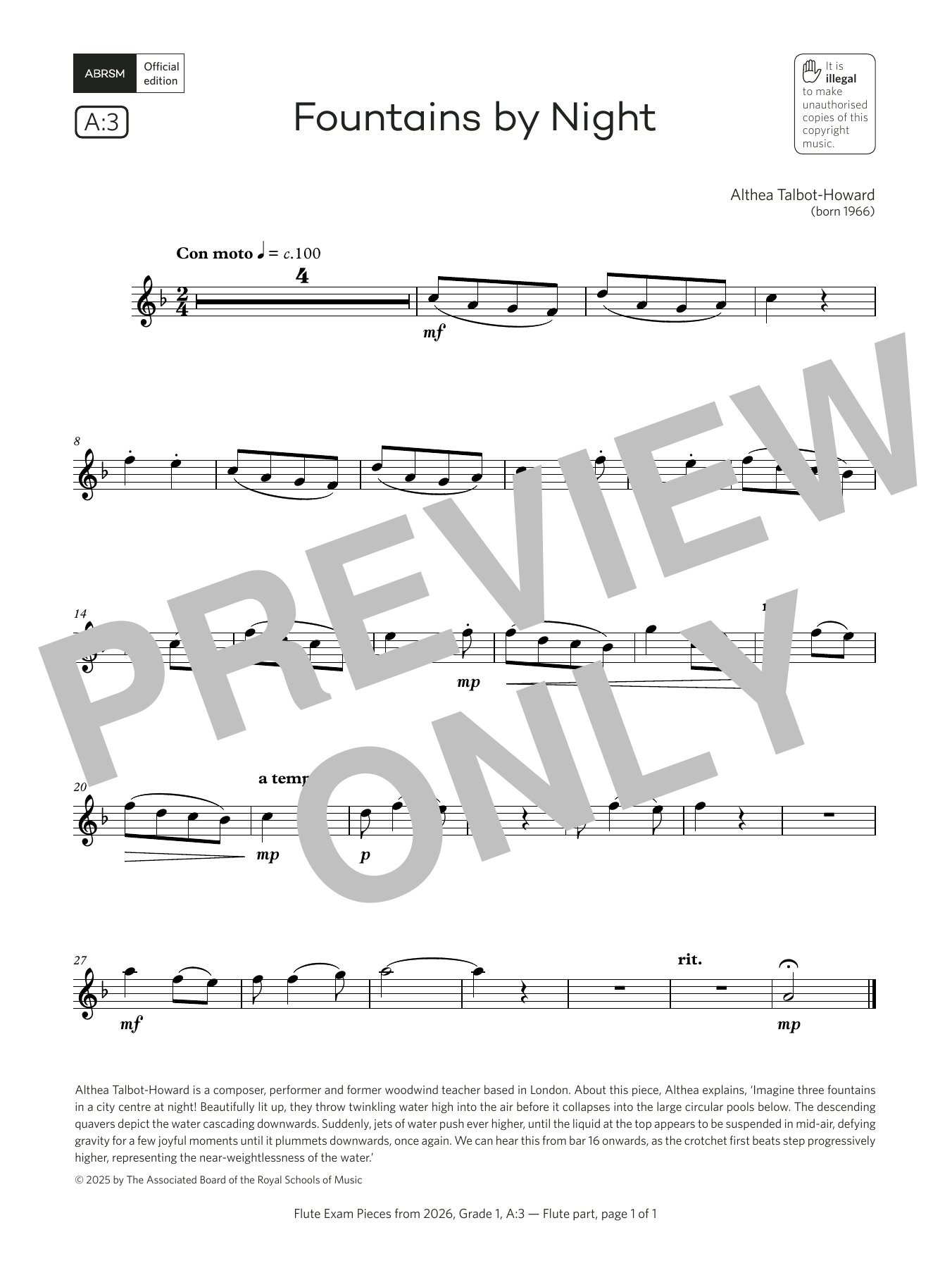 Althea Talbot-Howard Fountains by Night (Grade 1, list A3, from the ABRSM Flute Syllabus from 2026) Sheet Music Notes & Chords for Flute Solo - Download or Print PDF Althea Talbot-Howard Fountains by Night (Grade 1, list A3, from the ABRSM Flute Syllabus from 2026) Sheet Music Notes & Chords for Flute Solo - Download or Print PDF
