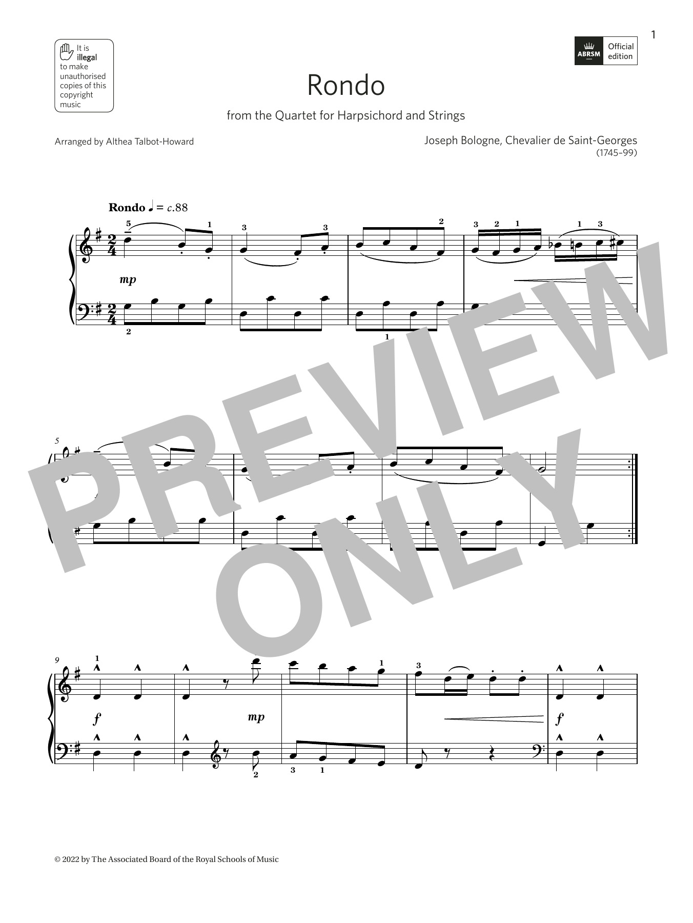Althea Talbot-Howard Rondo from Quartet for harpsichord and strings (Grade 2, list A11, ABRSM Piano Syllabus 2023 & 2024) Sheet Music Notes & Chords for Piano Solo - Download or Print PDF