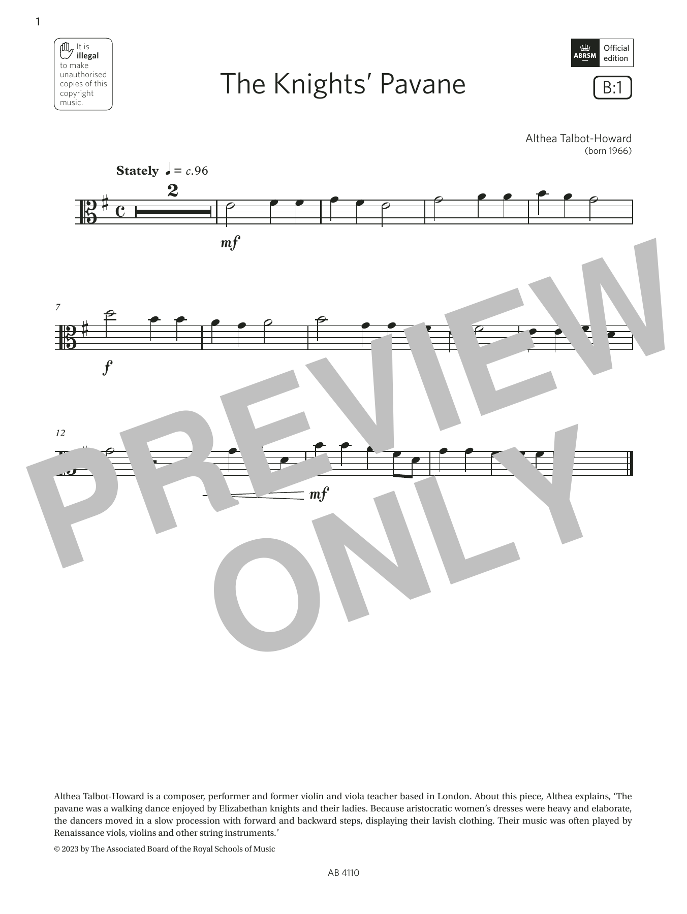 Althea Talbot-Howard The Knights' Pavane (Grade Initial, B1, from the ABRSM Viola Syllabus from 2024) Sheet Music Notes & Chords for Viola Solo - Download or Print PDF