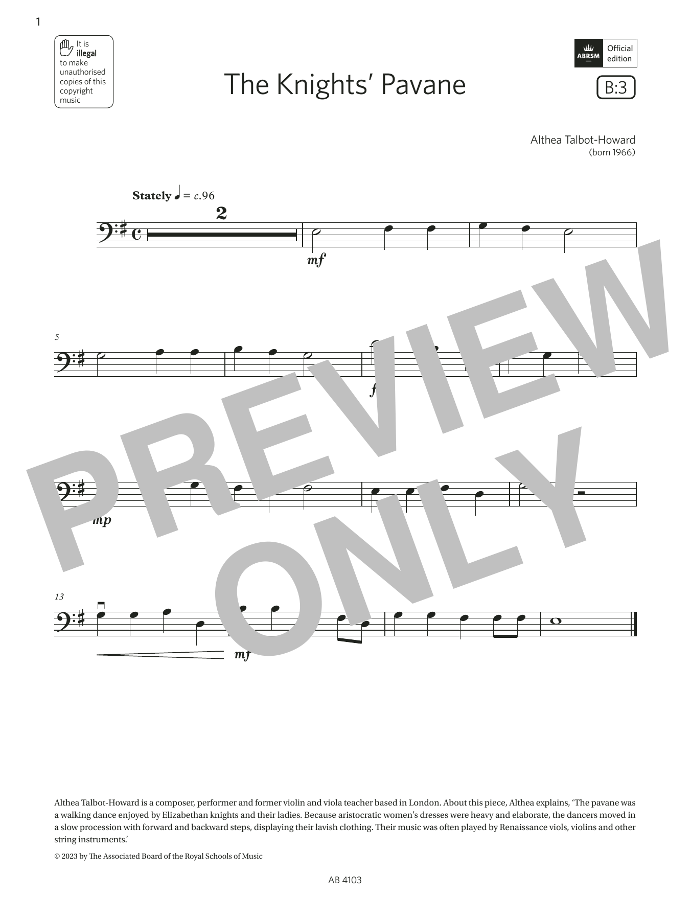 Althea Talbot-Howard The Knights' Pavane (Grade Initial, B3, from the ABRSM Cello Syllabus from 2024) Sheet Music Notes & Chords for Cello Solo - Download or Print PDF