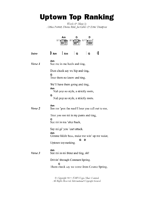 Althia & Donna Uptown Top Ranking Sheet Music Notes & Chords for Lyrics & Chords - Download or Print PDF