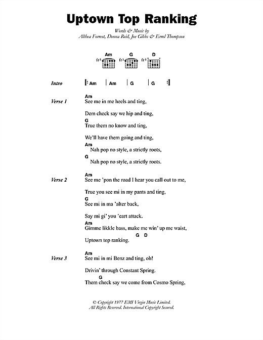 Althia & Donna Uptown Top Ranking Sheet Music Notes & Chords for Lyrics & Chords - Download or Print PDF