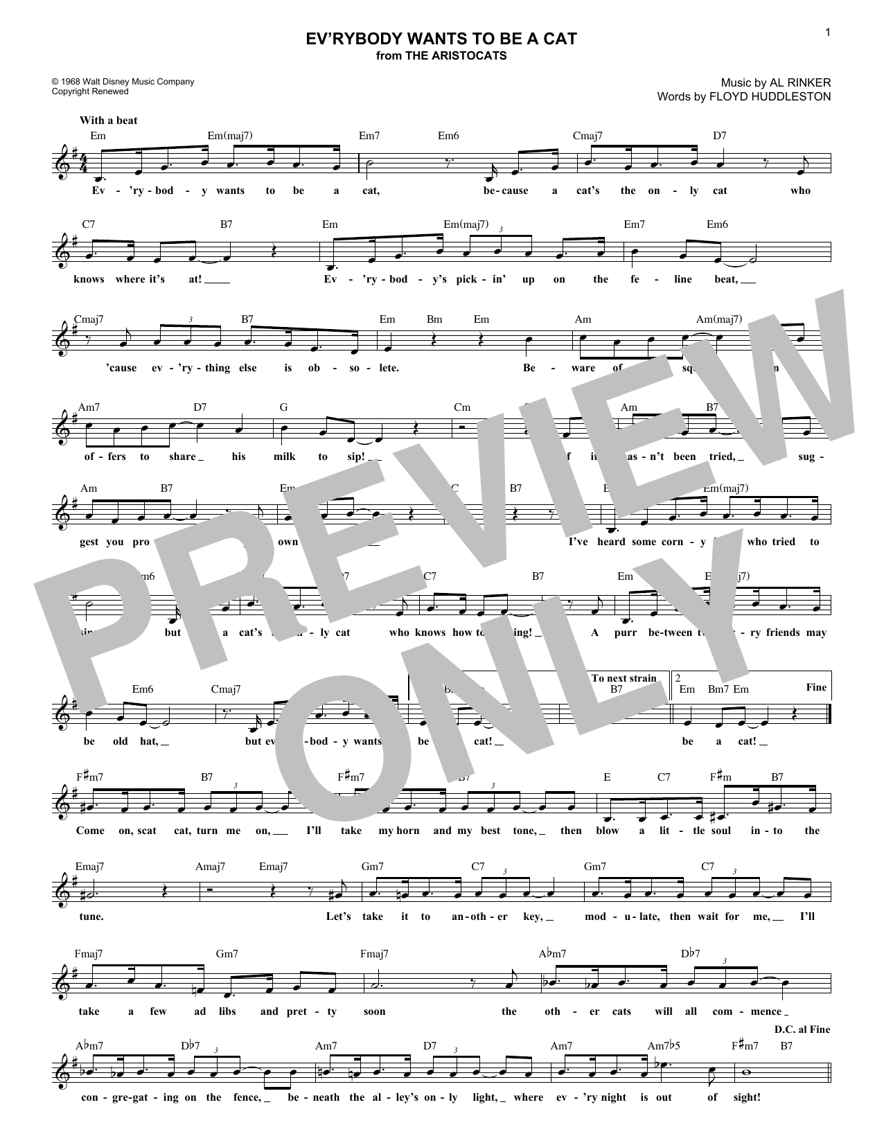 Al Rinker Ev'rybody Wants To Be A Cat Sheet Music Notes & Chords for Melody Line, Lyrics & Chords - Download or Print PDF