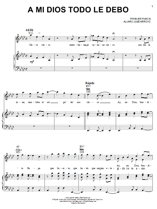 Alvaro José Arroyo A Mi Dios Todo Le Debo Sheet Music Notes & Chords for Piano, Vocal & Guitar (Right-Hand Melody) - Download or Print PDF