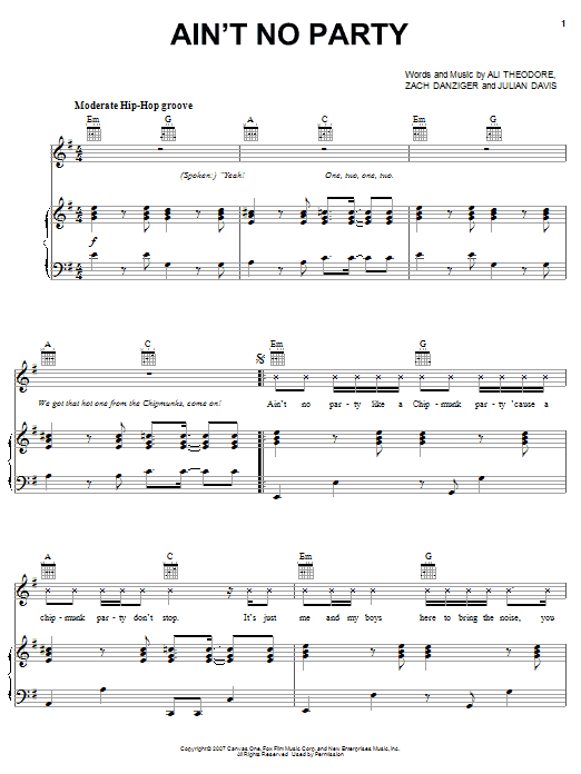 Alvin And The Chipmunks Ain't No Party Sheet Music Notes & Chords for Piano, Vocal & Guitar (Right-Hand Melody) - Download or Print PDF