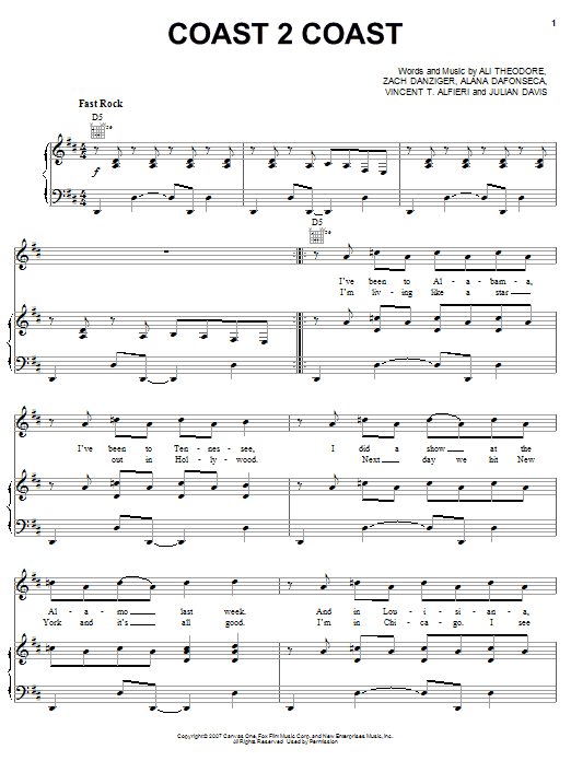 Alvin And The Chipmunks Coast 2 Coast Sheet Music Notes & Chords for Piano, Vocal & Guitar (Right-Hand Melody) - Download or Print PDF