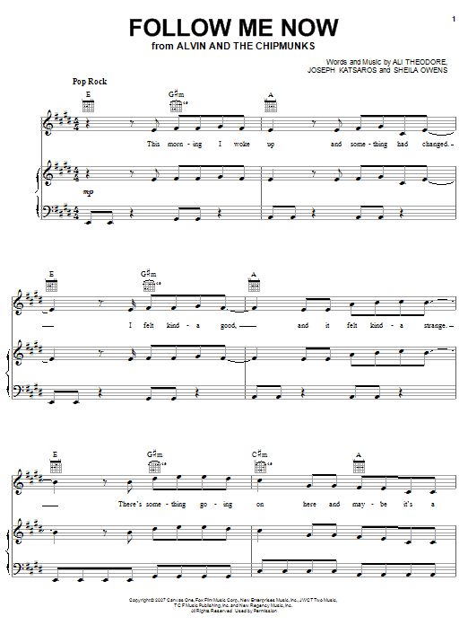 Alvin And The Chipmunks Follow Me Now Sheet Music Notes & Chords for Piano, Vocal & Guitar (Right-Hand Melody) - Download or Print PDF