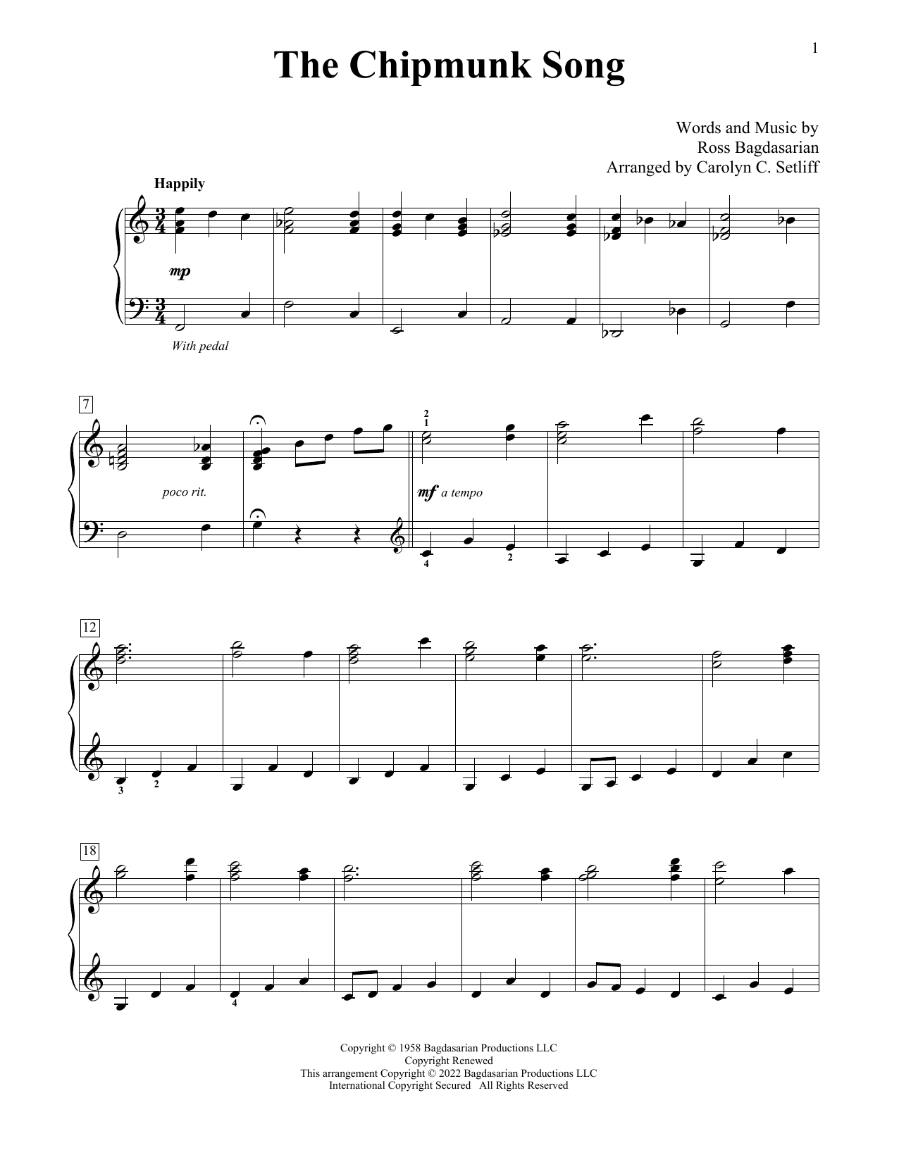 Alvin And The Chipmunks The Chipmunk Song (arr. Carolyn C. Setliff) Sheet Music Notes & Chords for Educational Piano - Download or Print PDF