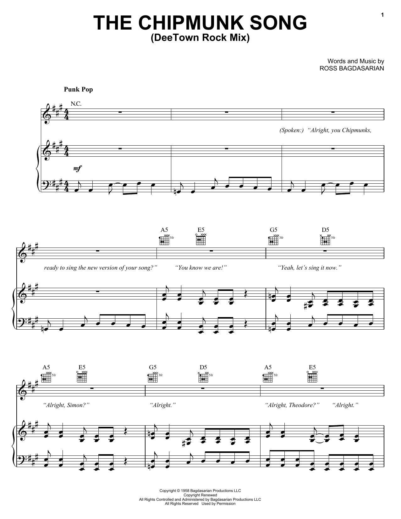 Alvin And The Chipmunks The Chipmunk Song (DeeTown Rock Mix) Sheet Music Notes & Chords for Piano, Vocal & Guitar (Right-Hand Melody) - Download or Print PDF