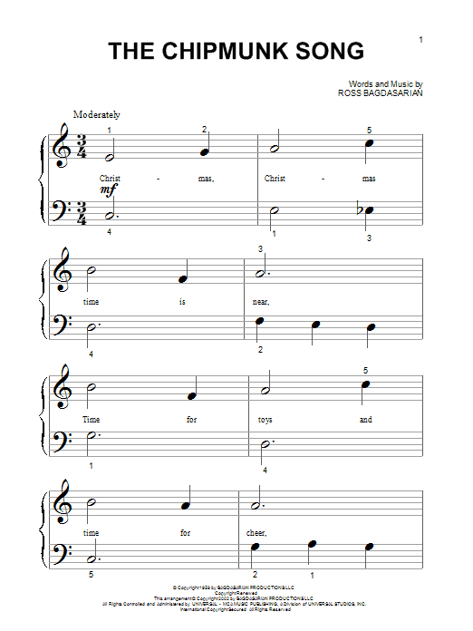Alvin And The Chipmunks The Chipmunk Song Sheet Music Notes & Chords for Piano, Vocal & Guitar (Right-Hand Melody) - Download or Print PDF