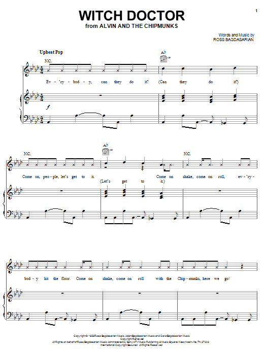 Alvin And The Chipmunks Witch Doctor Sheet Music Notes & Chords for Piano, Vocal & Guitar (Right-Hand Melody) - Download or Print PDF