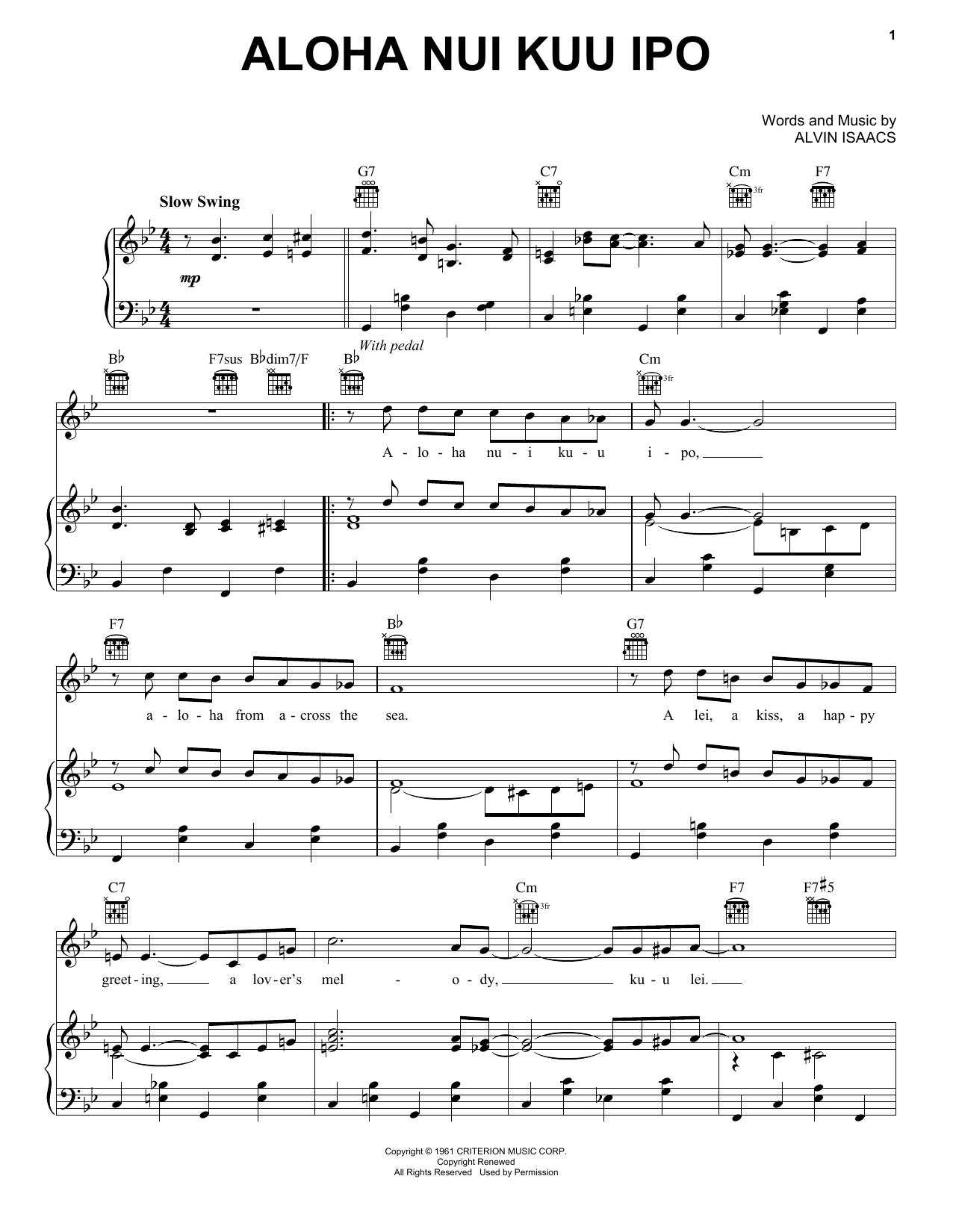 Alvin Isaacs Aloha Nui Kuu Ipo Sheet Music Notes & Chords for Piano, Vocal & Guitar (Right-Hand Melody) - Download or Print PDF