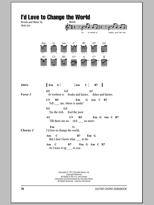 Alvin Lee I'd Love To Change The World Sheet Music Notes & Chords for Lyrics & Chords - Download or Print PDF