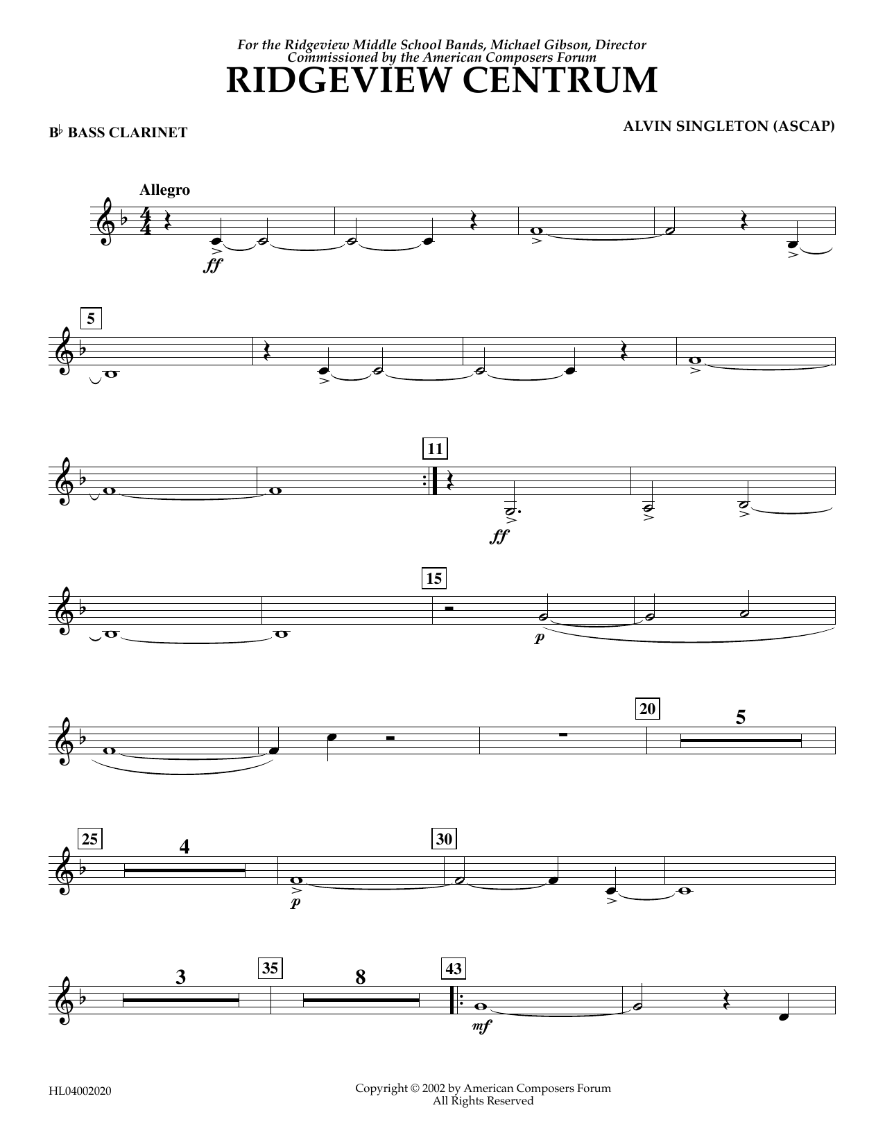 Alvin Singleton Ridgeview Centrum - Bb Bass Clarinet Sheet Music Notes & Chords for Concert Band - Download or Print PDF