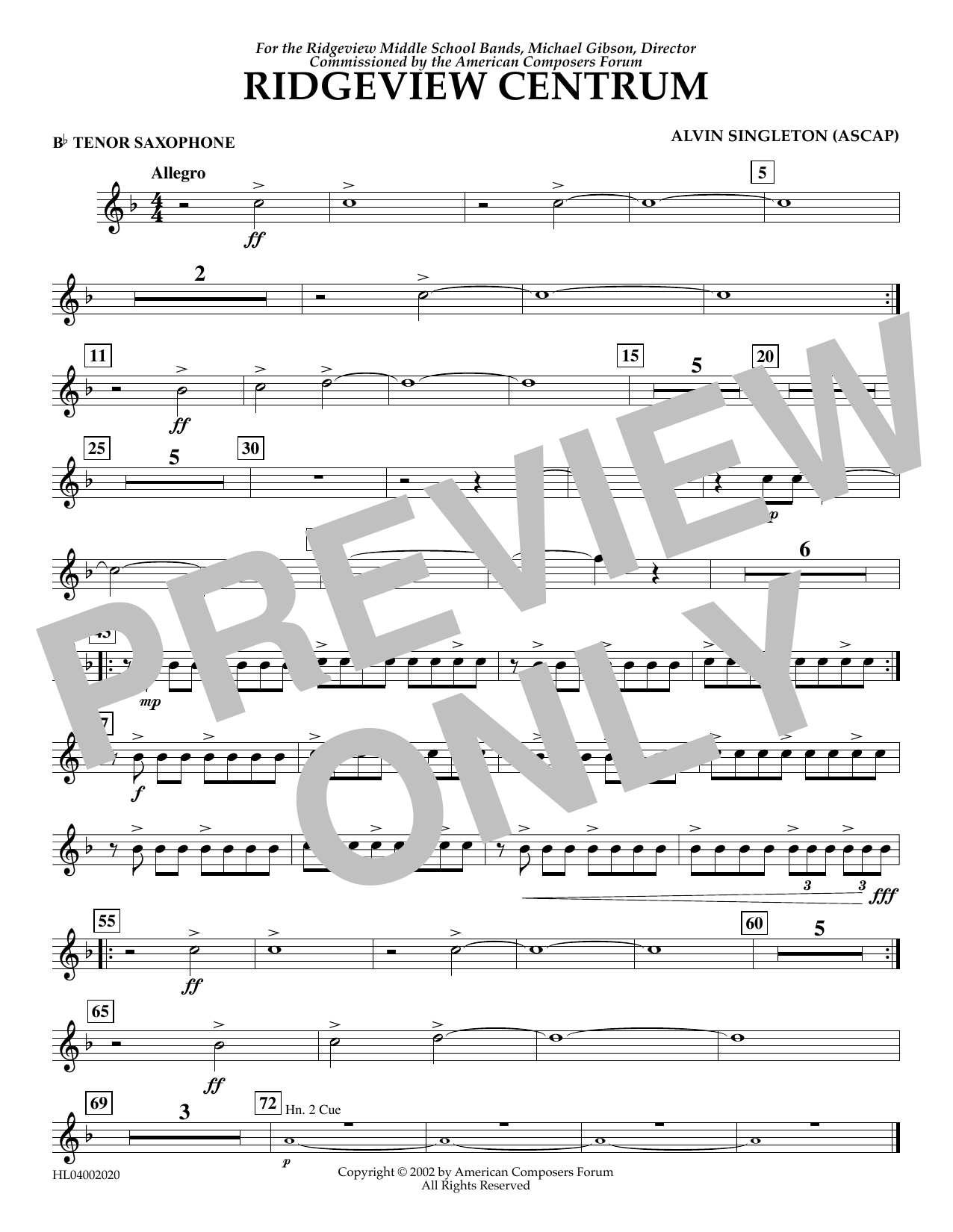 Alvin Singleton Ridgeview Centrum - Bb Tenor Saxophone Sheet Music Notes & Chords for Concert Band - Download or Print PDF Alvin Singleton Ridgeview Centrum - Bb Tenor Saxophone Sheet Music Notes & Chords for Concert Band - Download or Print PDF