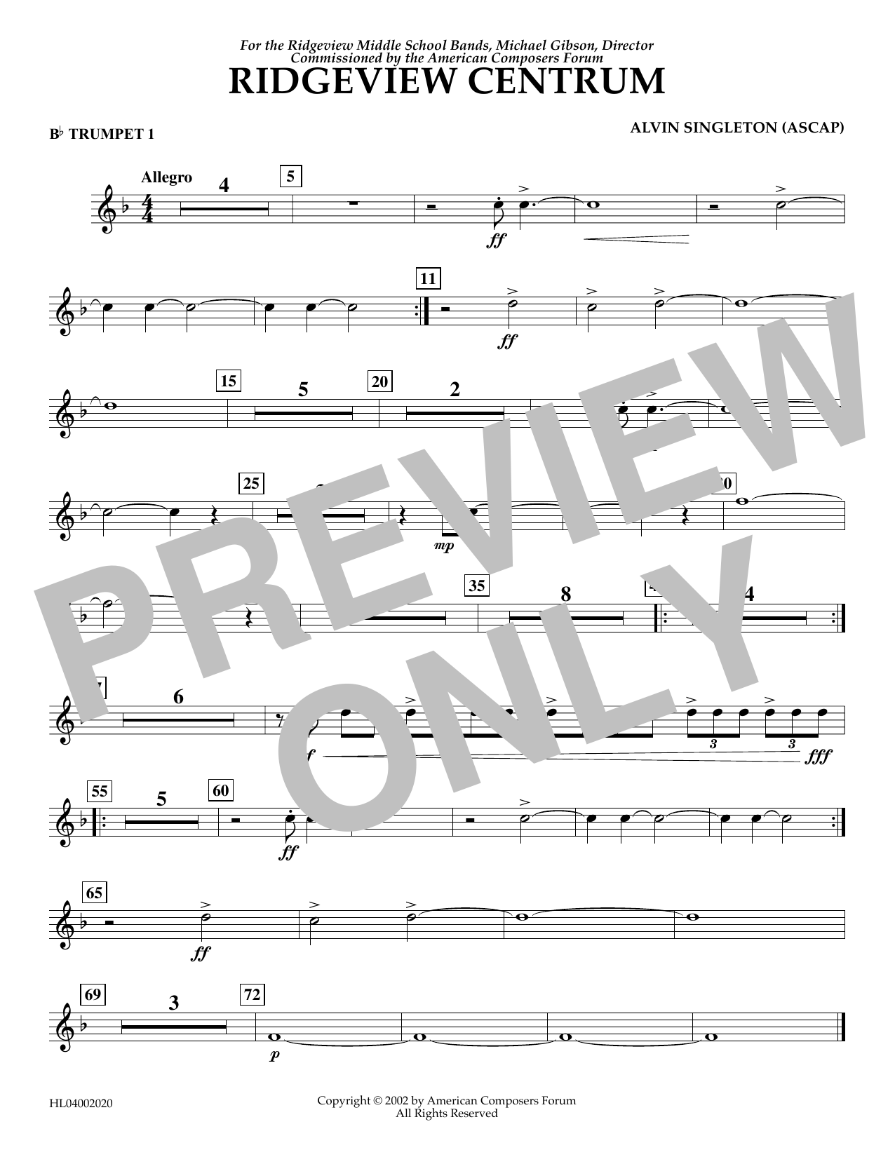 Alvin Singleton Ridgeview Centrum - Bb Trumpet 1 Sheet Music Notes & Chords for Concert Band - Download or Print PDF