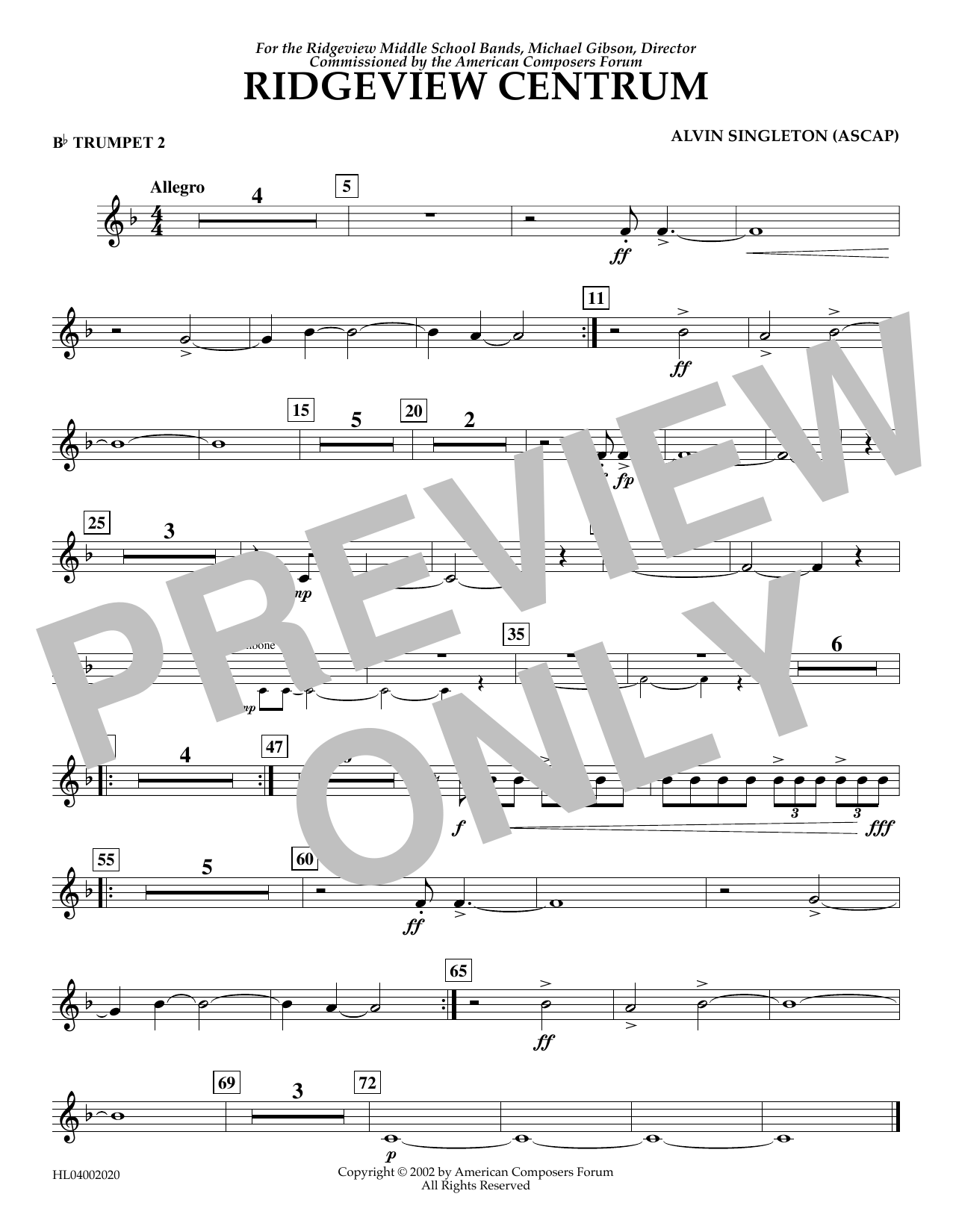 Alvin Singleton Ridgeview Centrum - Bb Trumpet 2 Sheet Music Notes & Chords for Concert Band - Download or Print PDF