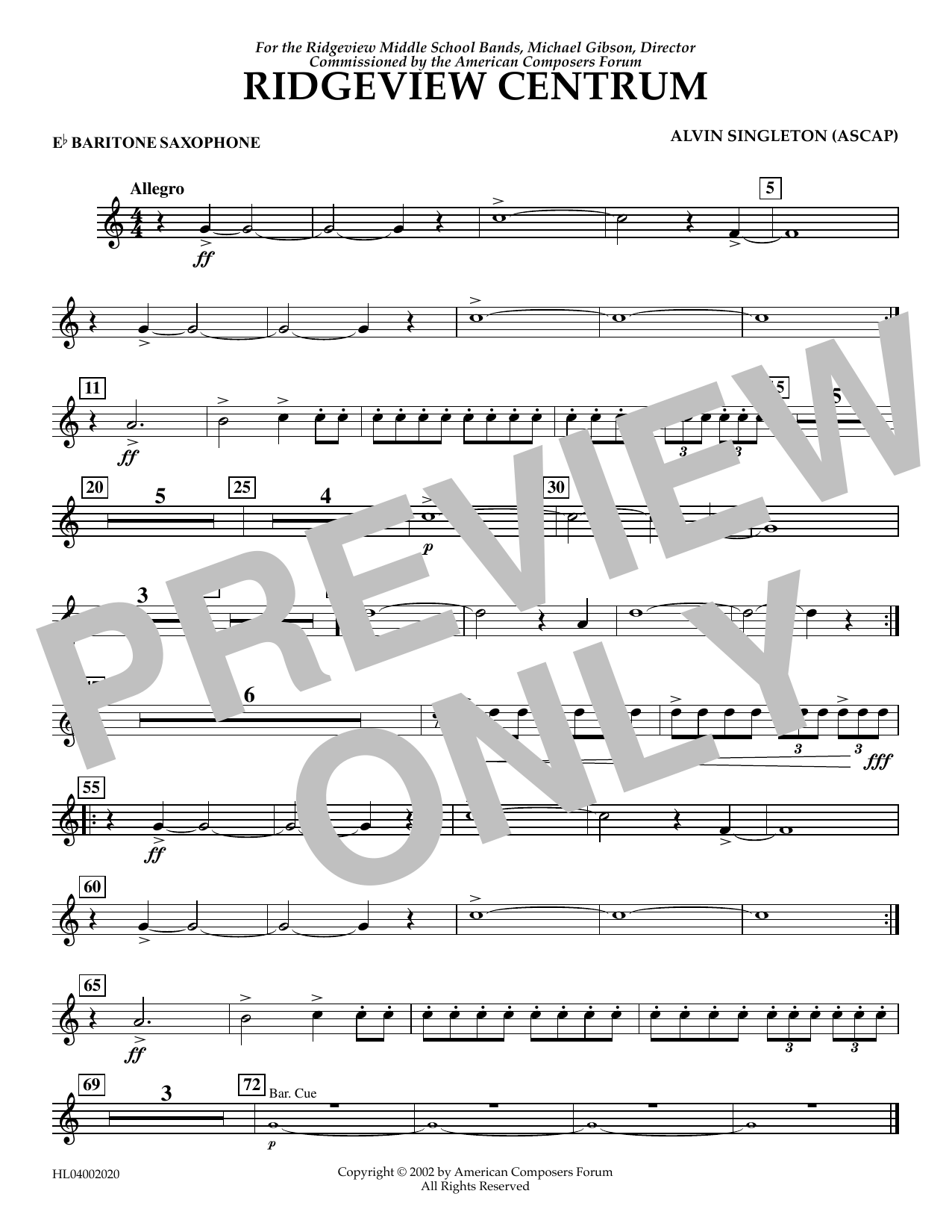 Alvin Singleton Ridgeview Centrum - Eb Baritone Saxophone Sheet Music Notes & Chords for Concert Band - Download or Print PDF