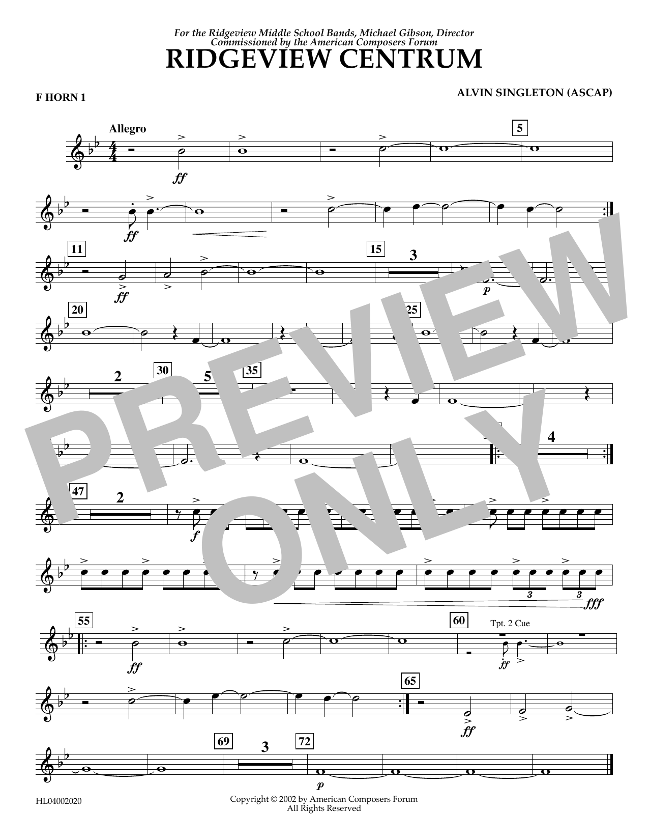 Alvin Singleton Ridgeview Centrum - F Horn 1 Sheet Music Notes & Chords for Concert Band - Download or Print PDF