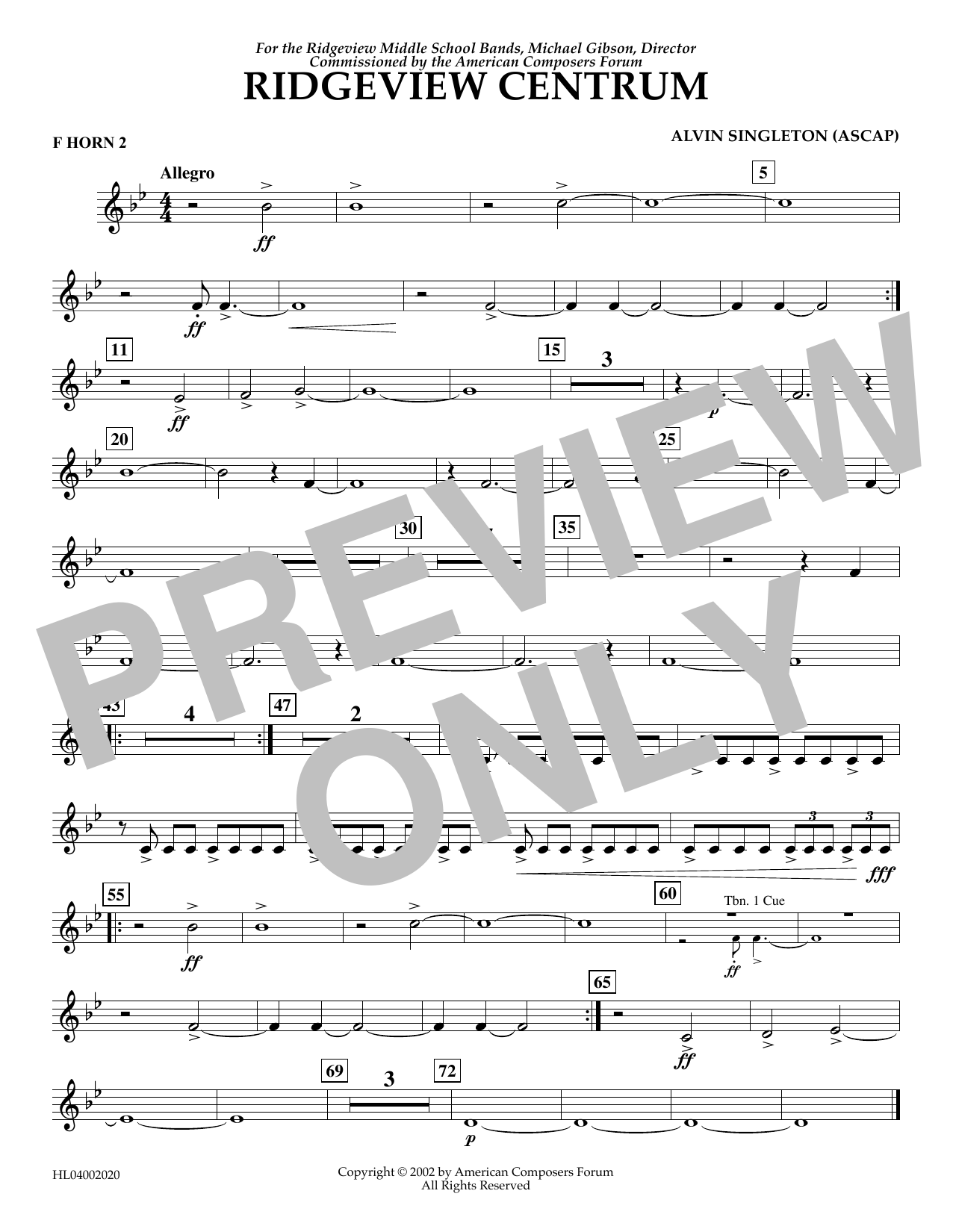 Alvin Singleton Ridgeview Centrum - F Horn 2 Sheet Music Notes & Chords for Concert Band - Download or Print PDF