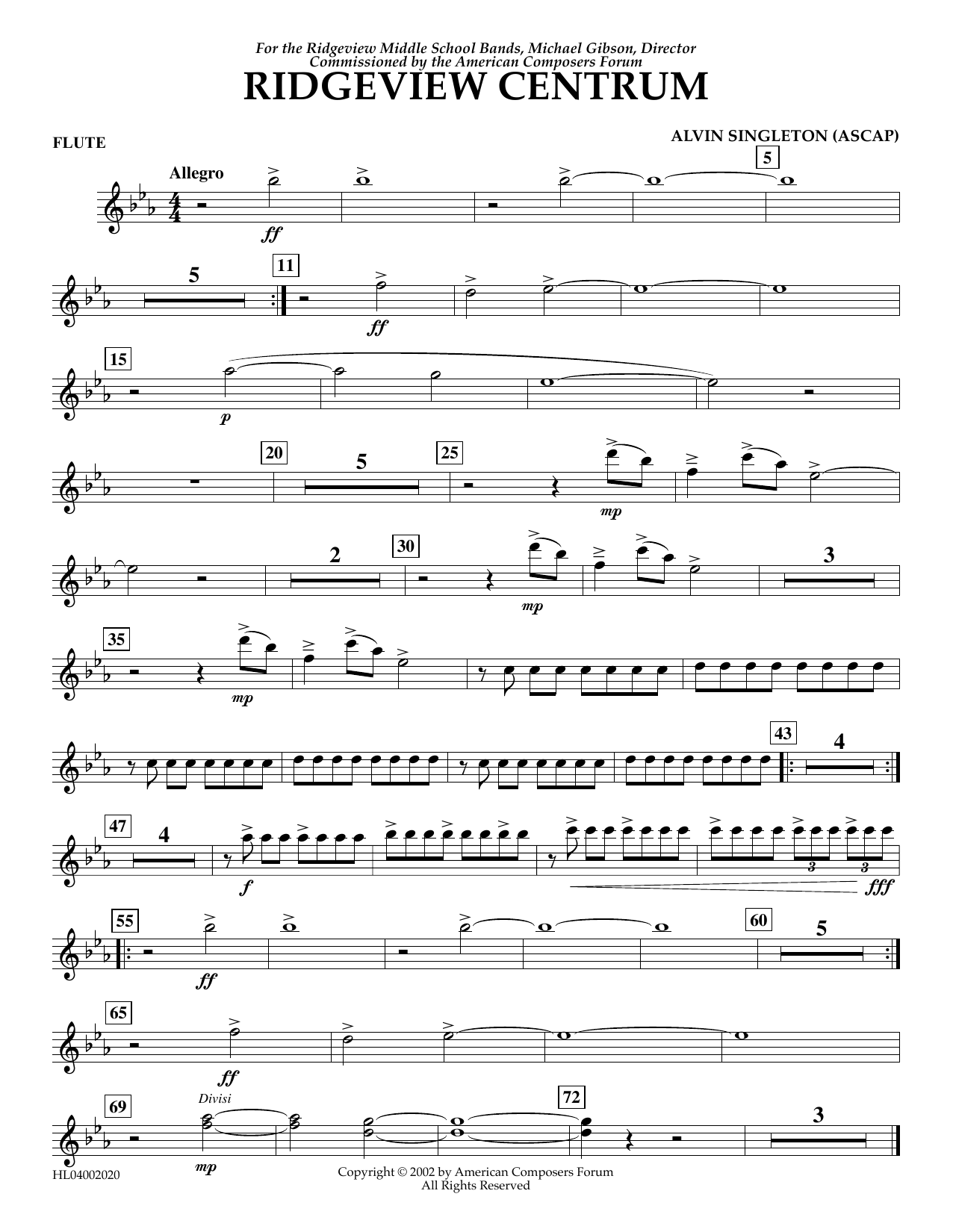Alvin Singleton Ridgeview Centrum - Flute Sheet Music Notes & Chords for Concert Band - Download or Print PDF