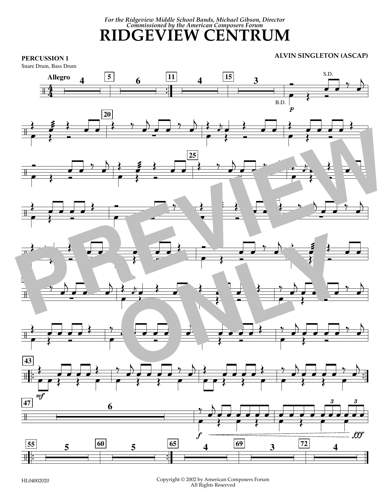 Alvin Singleton Ridgeview Centrum - Percussion 1 Sheet Music Notes & Chords for Concert Band - Download or Print PDF