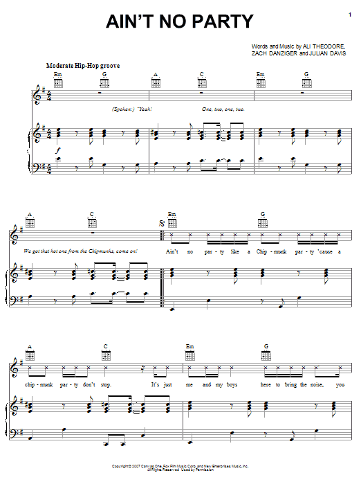 Preview Alvin And The Chipmunks Ain't No Party Children sheet music, notes and chords for Piano, Vocal & Guitar (Right-Hand Melody), SKU: 63746 Ain't No Party sheet music