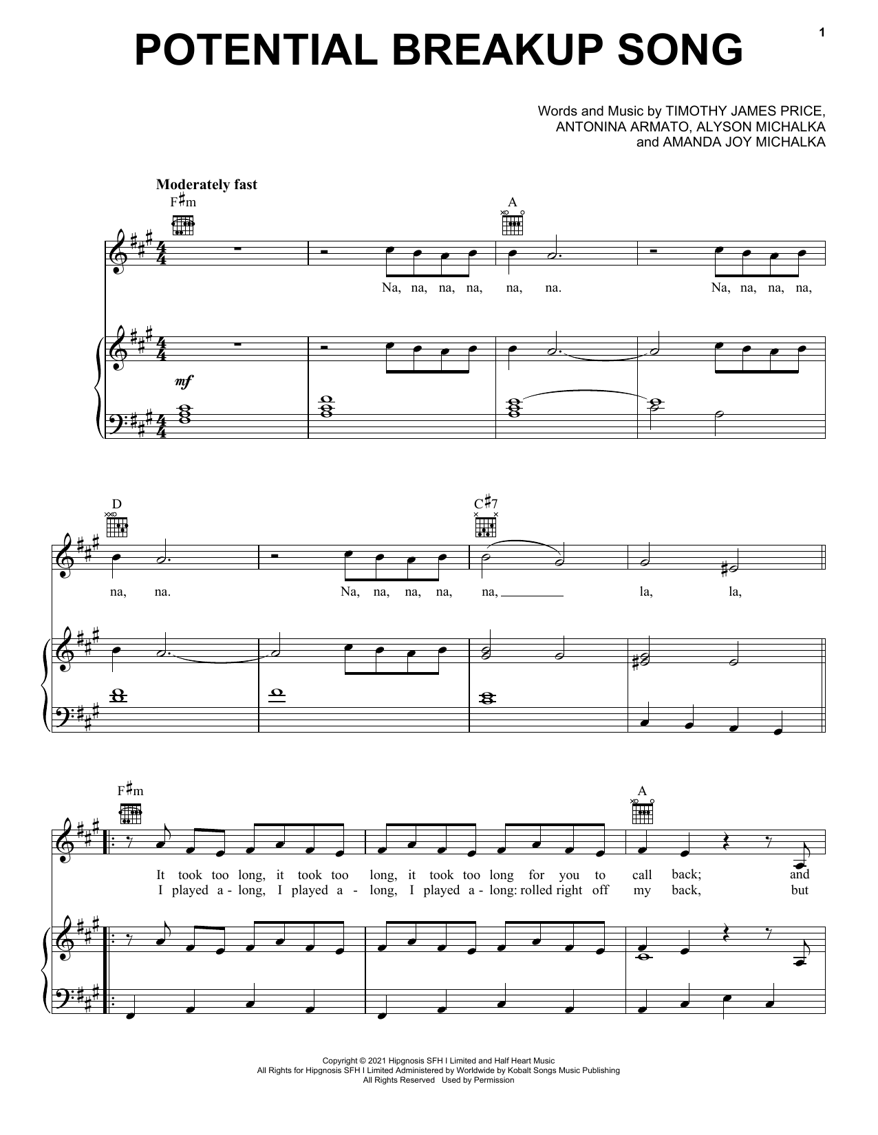 Aly & AJ Potential Breakup Song Sheet Music Notes & Chords for Piano, Vocal & Guitar Chords (Right-Hand Melody) - Download or Print PDF
