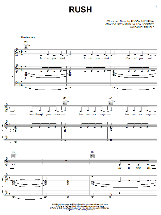 Aly & AJ Rush Sheet Music Notes & Chords for Piano, Vocal & Guitar (Right-Hand Melody) - Download or Print PDF