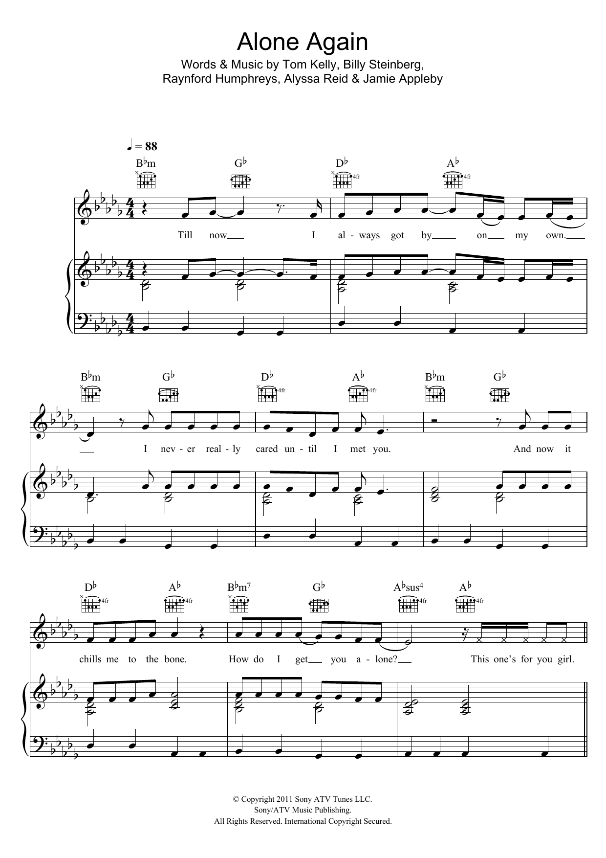 Alyssa Reid Alone Again Sheet Music Notes & Chords for Piano, Vocal & Guitar (Right-Hand Melody) - Download or Print PDF