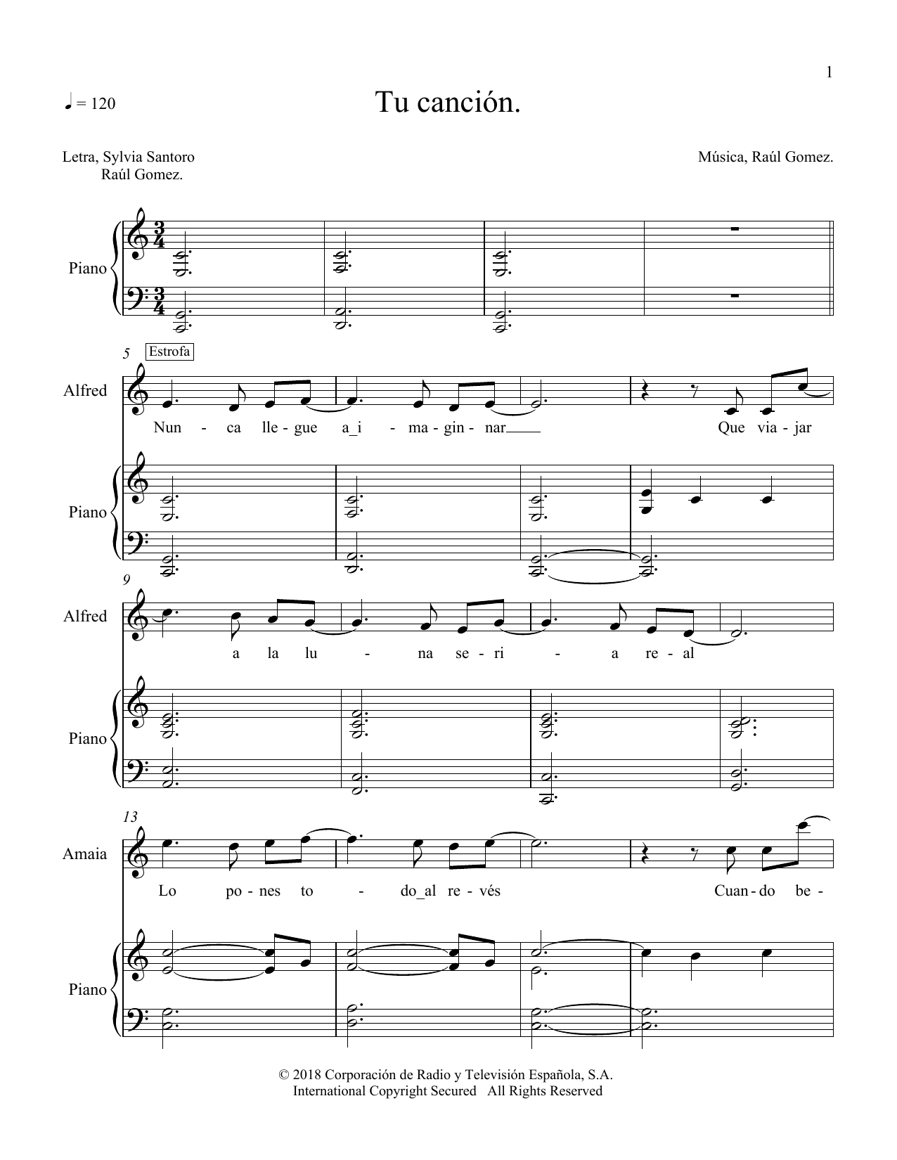 Amaia & Alfred Tu Canción Sheet Music Notes & Chords for Piano & Vocal - Download or Print PDF
