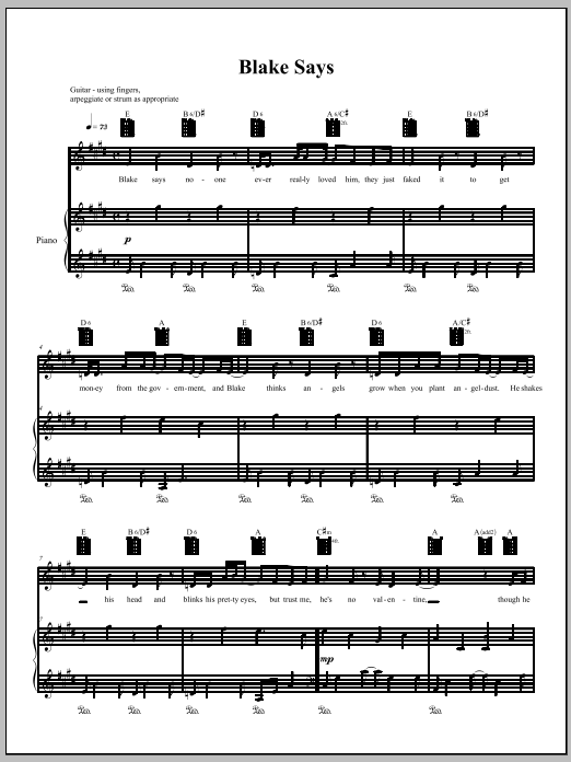 Amanda Palmer Blake Says Sheet Music Notes & Chords for Piano, Vocal & Guitar (Right-Hand Melody) - Download or Print PDF