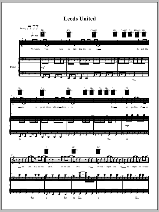 Amanda Palmer Leeds United Sheet Music Notes & Chords for Piano, Vocal & Guitar (Right-Hand Melody) - Download or Print PDF