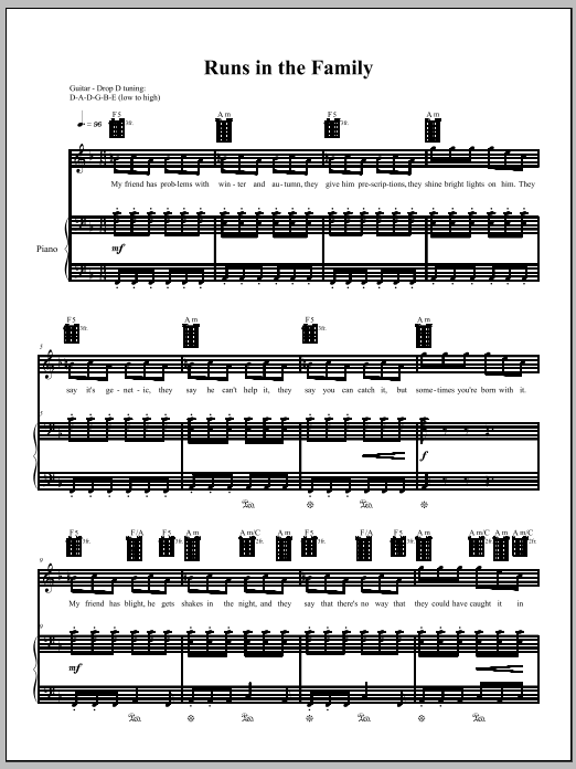 Amanda Palmer Runs In The Family Sheet Music Notes & Chords for Piano, Vocal & Guitar (Right-Hand Melody) - Download or Print PDF