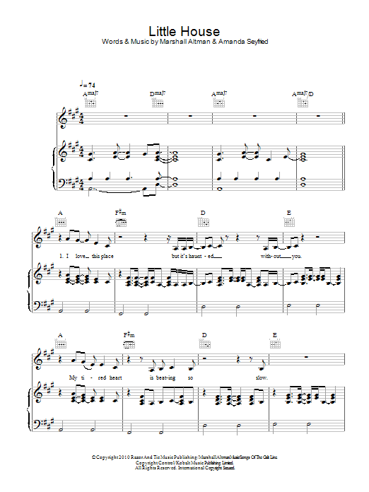 Amanda Seyfried Little House Sheet Music Notes & Chords for Piano, Vocal & Guitar (Right-Hand Melody) - Download or Print PDF