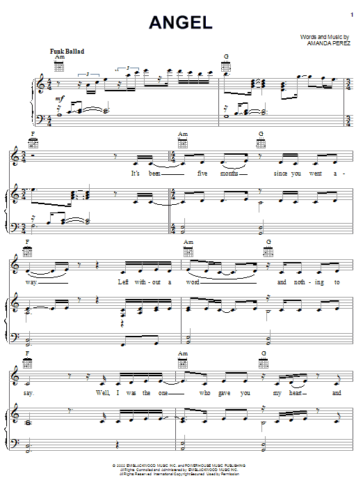 Preview Amanda Perez Angel Pop sheet music, notes and chords for Piano, Vocal & Guitar (Right-Hand Melody), SKU: 23392 sheet music, piano notes, chords, guitar tabs, score, transpose, transcribe, how to play, guide, download, learn, tutorial, progression, song, artist, awards, billboard, mtv, vh1, tour, single, album, release