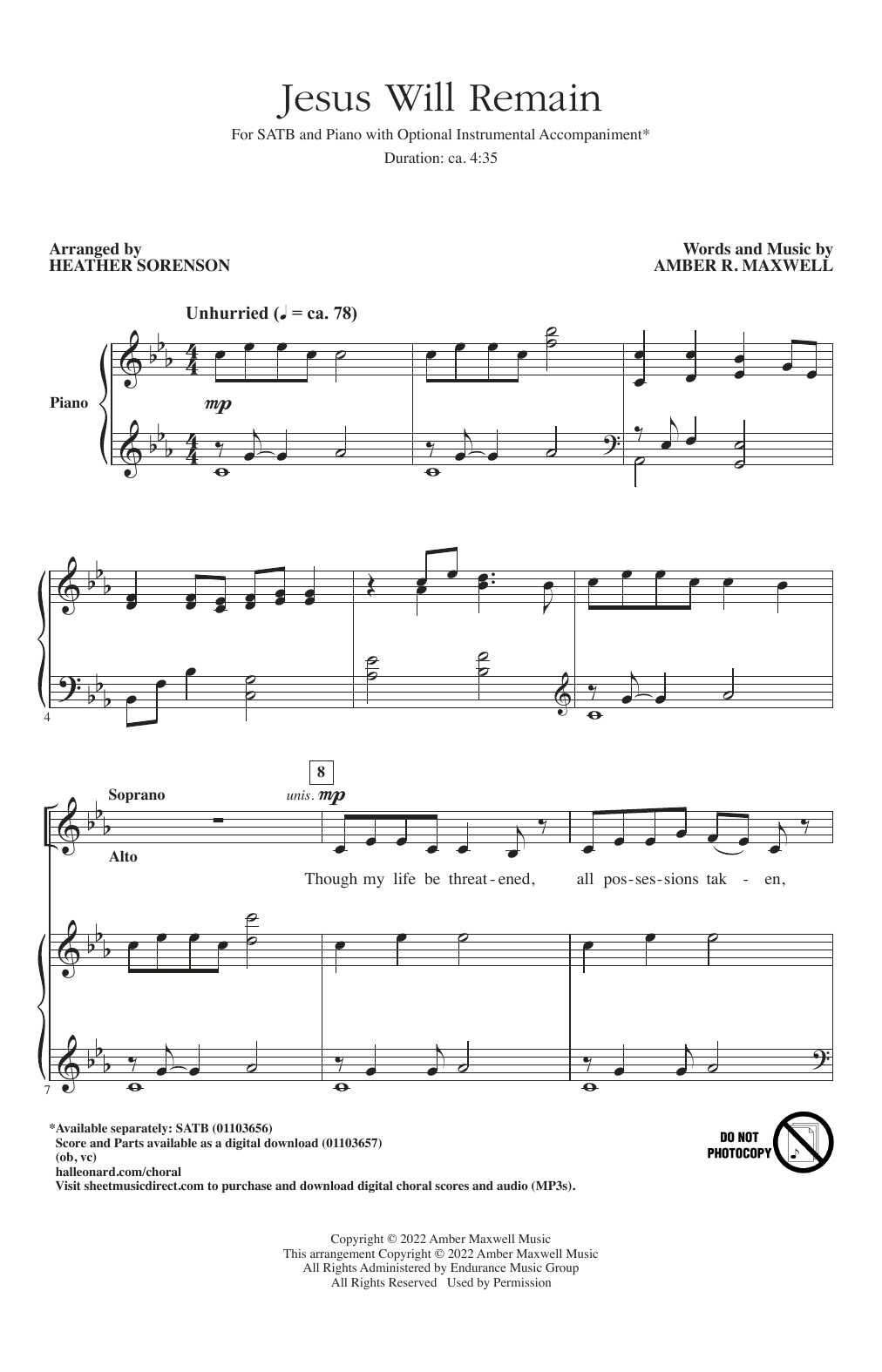 Amber R. Maxwell Jesus Will Remain (arr. Heather Sorenson) Sheet Music Notes & Chords for SATB Choir - Download or Print PDF